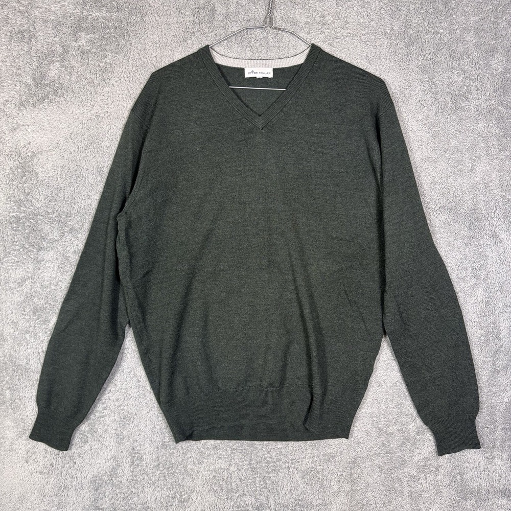 Peter Millar Sweater Mens M Merino Wool Green V Neck‎ Pullover Knit Soft Preppy